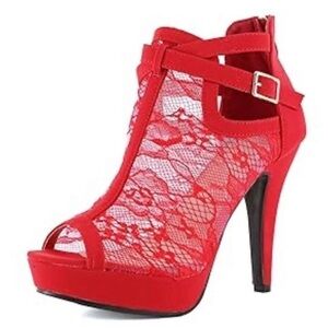 Lov Mark Red Lace Peep Toe Platform Heels